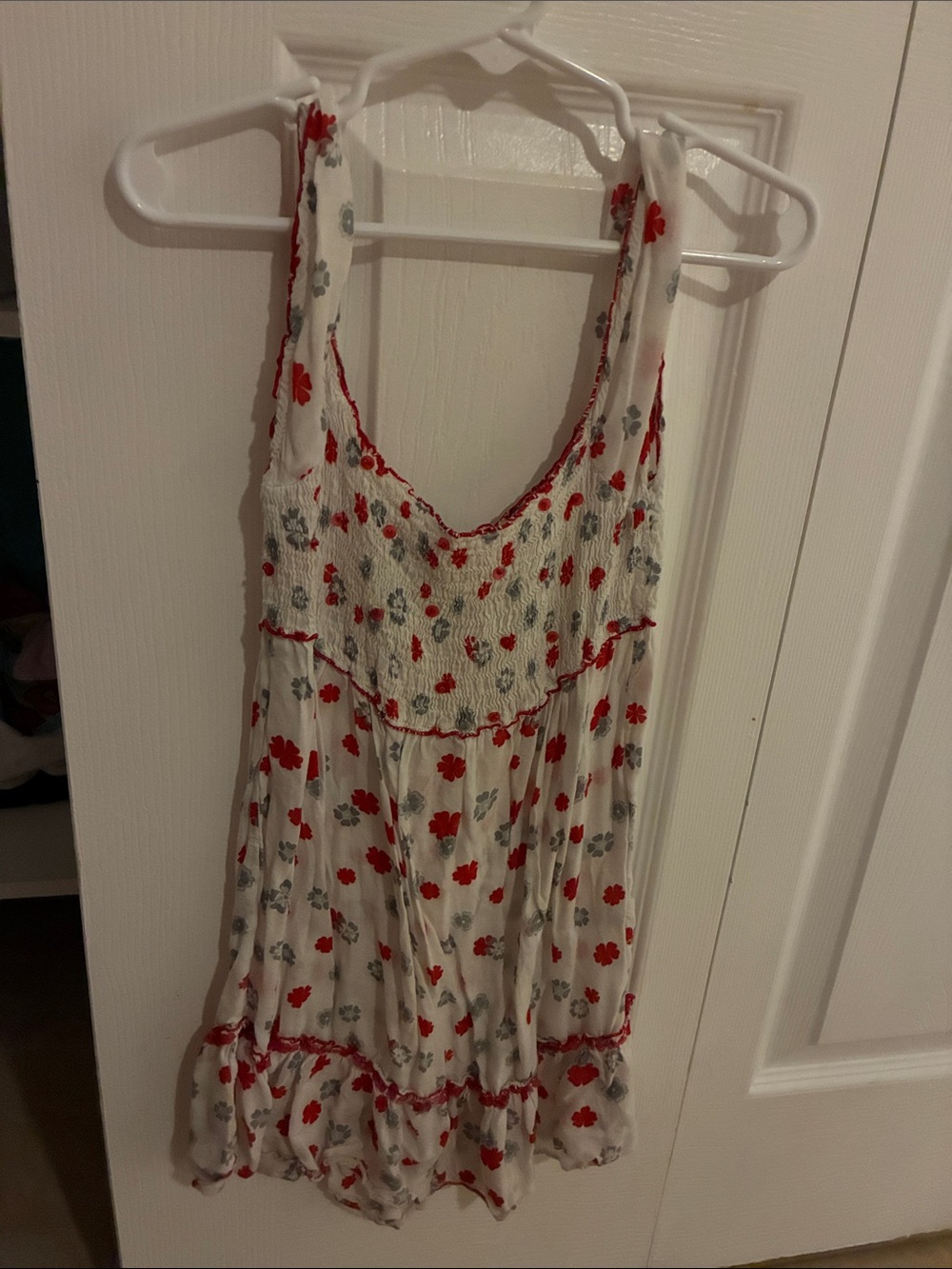 Girls' White Floral Slip Dress with Red & Gray Print